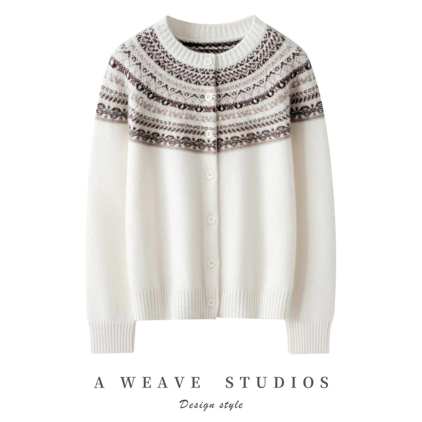 费尔岛提花100%纯山羊绒衫女圆领加厚针织开衫毛衣外套宽松上衣