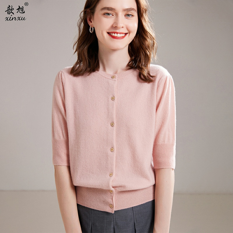 100%纯山羊绒衫女开衫圆领