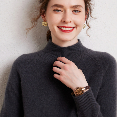 半高领100纯山羊绒衫女加厚款双股宽松大码针织毛衣打底套头插肩