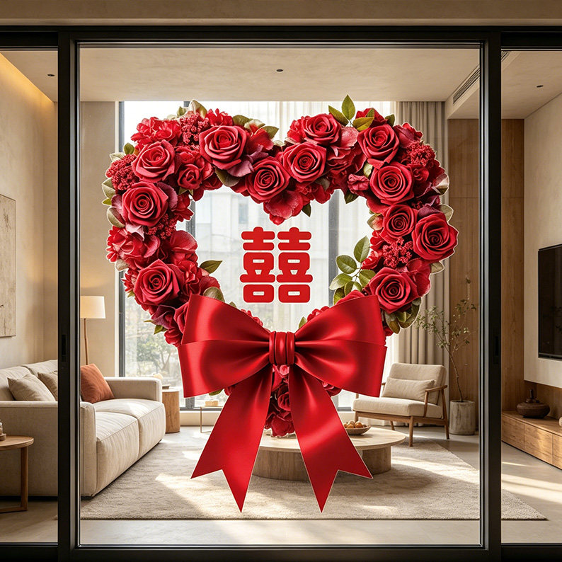 玫瑰花喜字贴纸2026新款婚房布置静电贴结婚专用窗花客厅装饰贴画