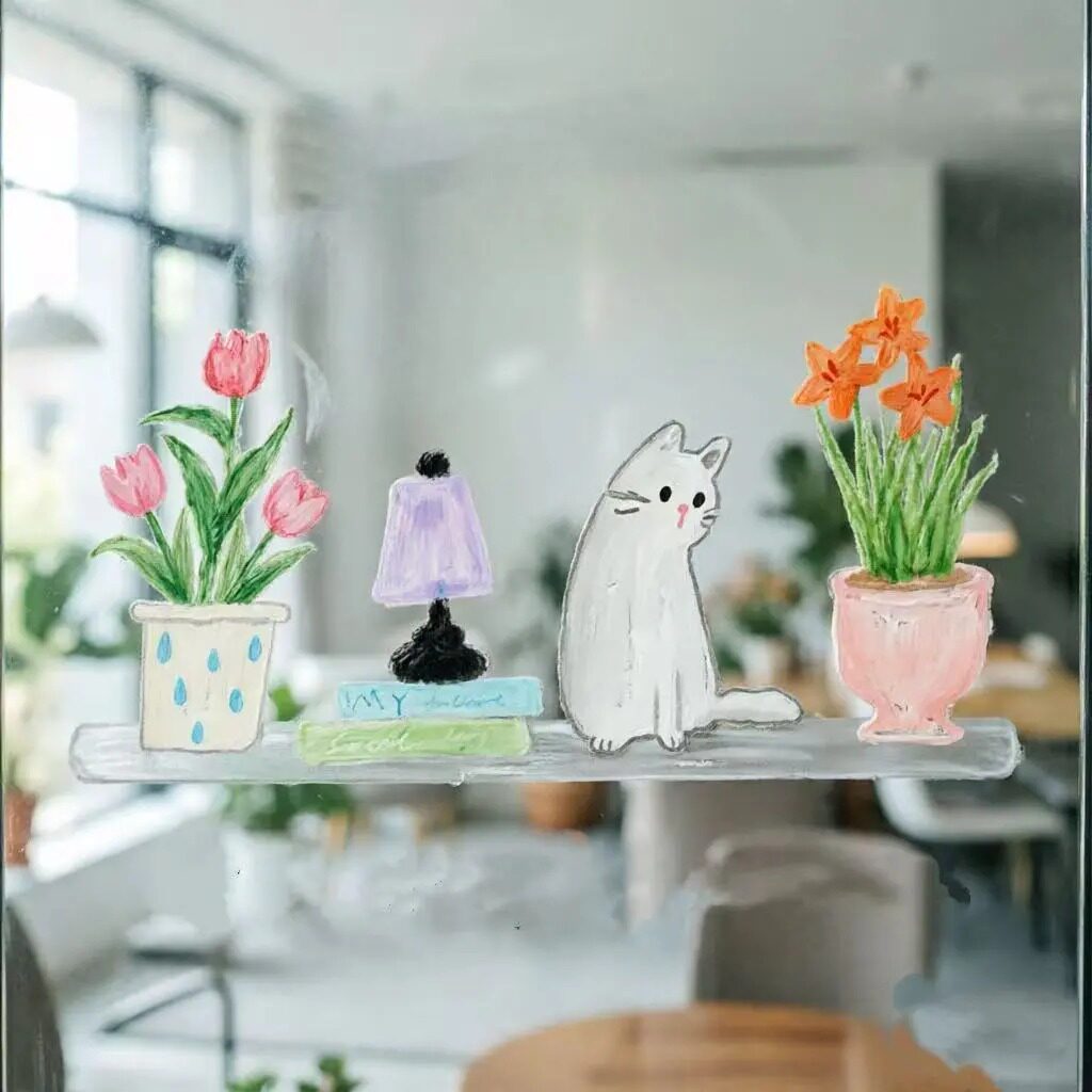 窗边花朵猫咪静电玻璃贴