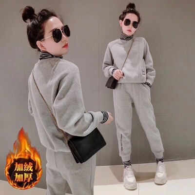 韩版秋冬洋气减龄显瘦慵懒风加绒加厚卫衣小个子长袖上衣套装女潮