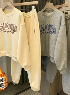 韩版加绒加厚休闲运动套装女秋冬新款时尚大码胖mm宽松卫衣两件套