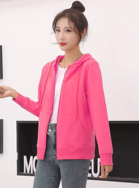女士显瘦薄卫衣春秋装韩版连帽运动开衫小个子百搭大码拉链短外套