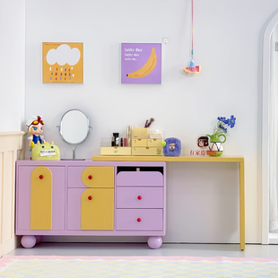 有家造物所梳妆台斗柜奶油风多巴胺主卧实木化妆桌床尾收纳一体柜