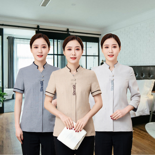 保洁工作服务员工作服七分袖亚麻餐饮酒店饭店客房保洁服女长短袖