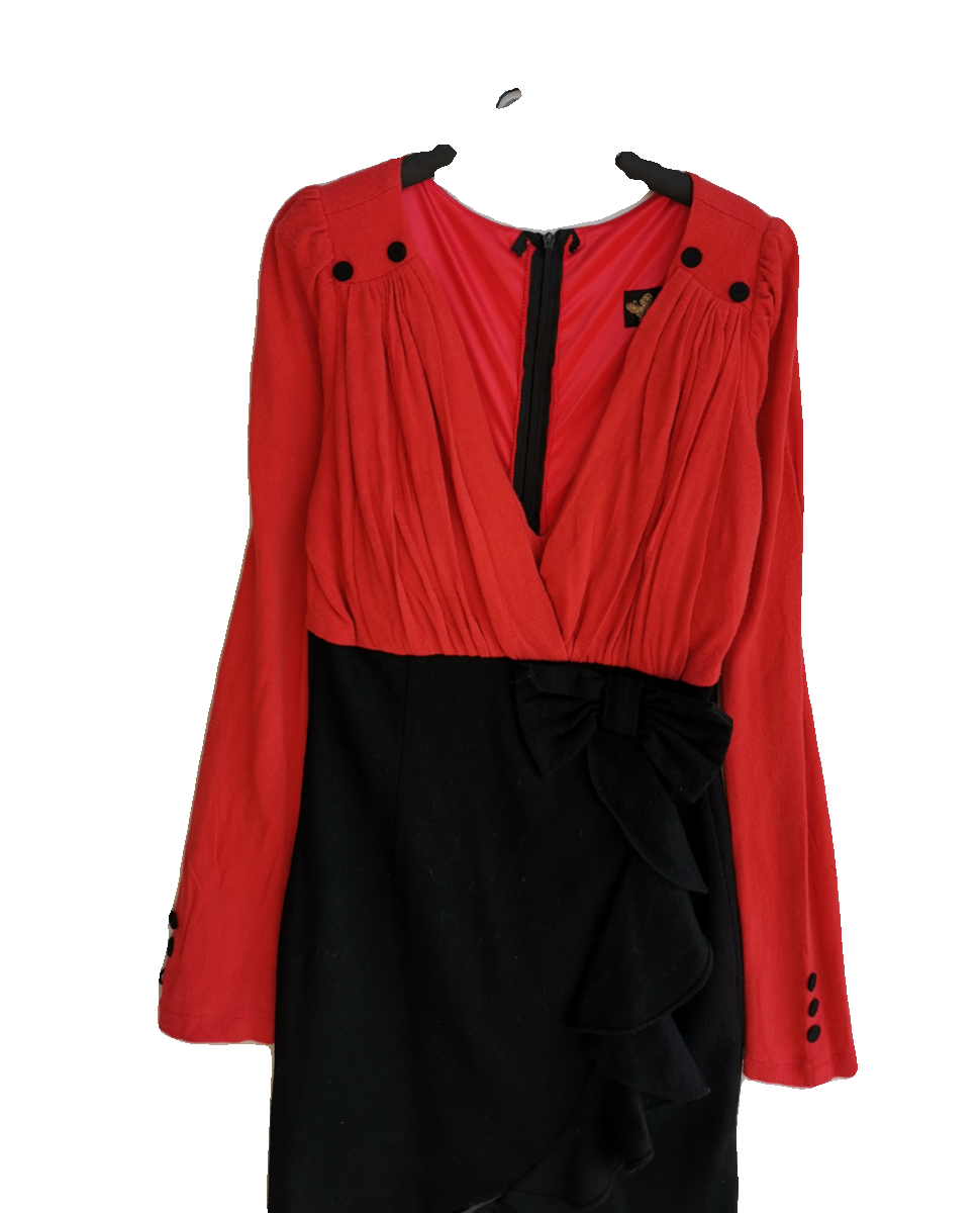 女装裙子长袖连衣裙红黑经典V领春秋款毛呢裙子均码