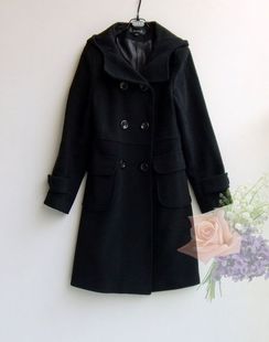 秋冬黑色羊绒毛呢大衣带帽女装修身气质款160-165