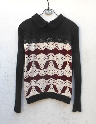 黑色印花蕾丝波浪纹女款打底衫