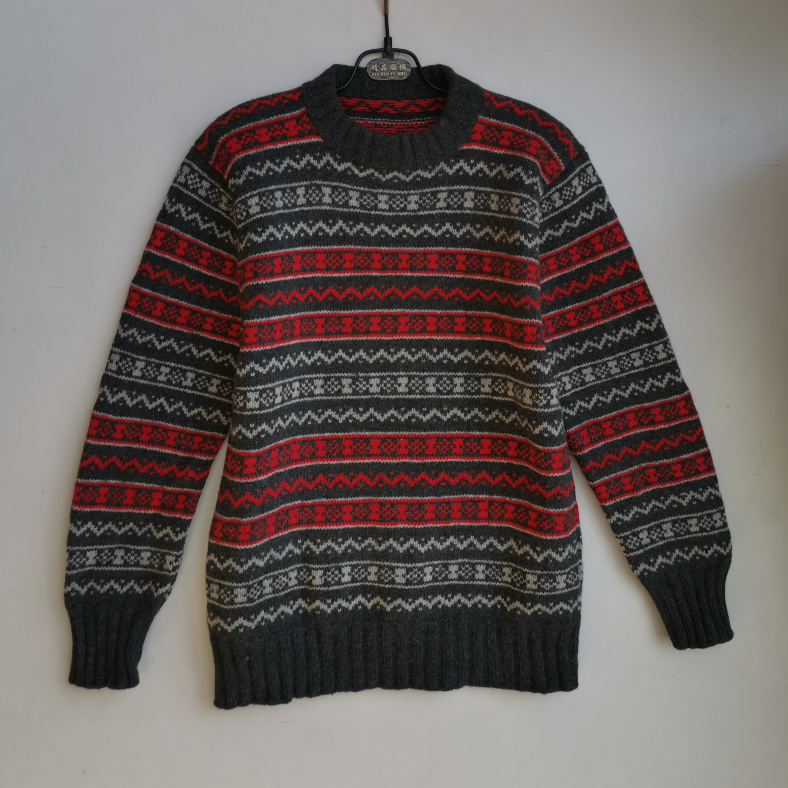 纯手工羊毛衫灰色雪花配色扭花童装羊毛衫修身150-155