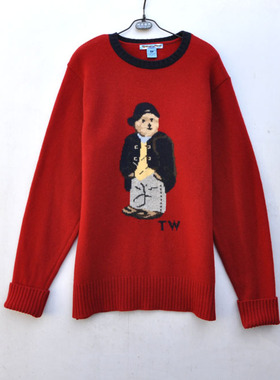 26-22小熊羊绒衫红色加厚款平针绅士熊圆领男款毛衣大码175-180