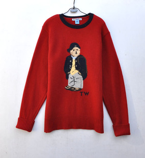 小熊羊绒衫红色加厚款平针绅士熊圆领男款毛衣大码175-180