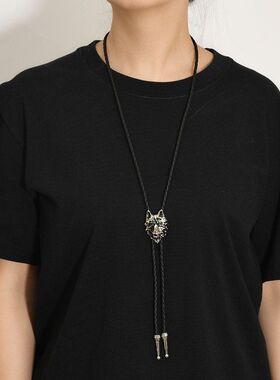 合金皮绳男女复古狼头毛衣链领带