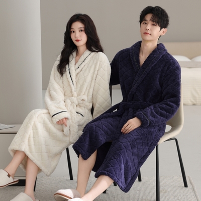 珊瑚绒睡袍秋冬男女情侣睡衣法兰绒浴袍加厚加绒晨袍浴衣长袍大码