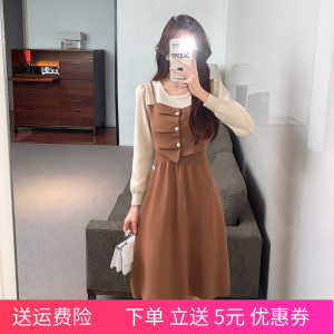 哺乳衣秋冬季毛衣新款2023辣妈外出拼接假两件收腰显瘦喂奶连衣裙