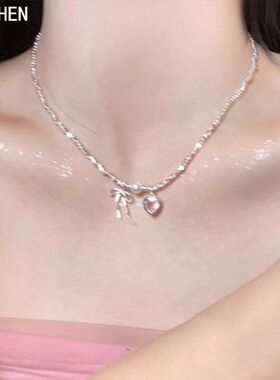 复古气质珍珠粉铜链蝴蝶结项链女气质礼物Diana粉