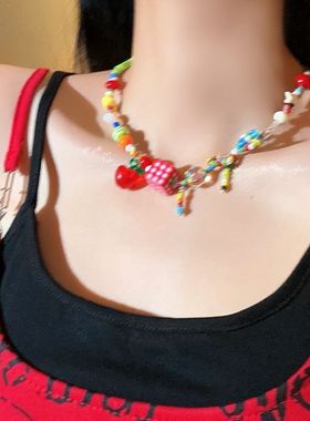 苹果乐园_彩色多巴胺串珠蝴蝶结项链女款可爱甜美小众设计锁骨链
