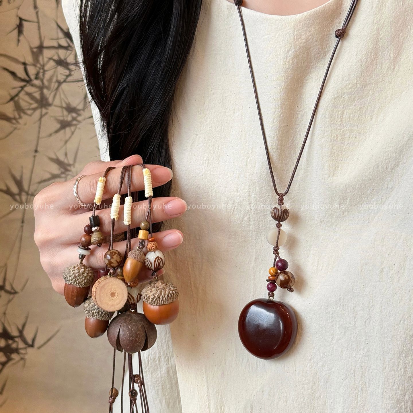 新中式国风长款橡果吊坠项链女复古民族风禅意设计毛衣链颈链配饰