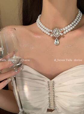 超闪_双层镶钻珍珠项链高级感晚礼服锁骨链生日轻奢小众夸张颈链