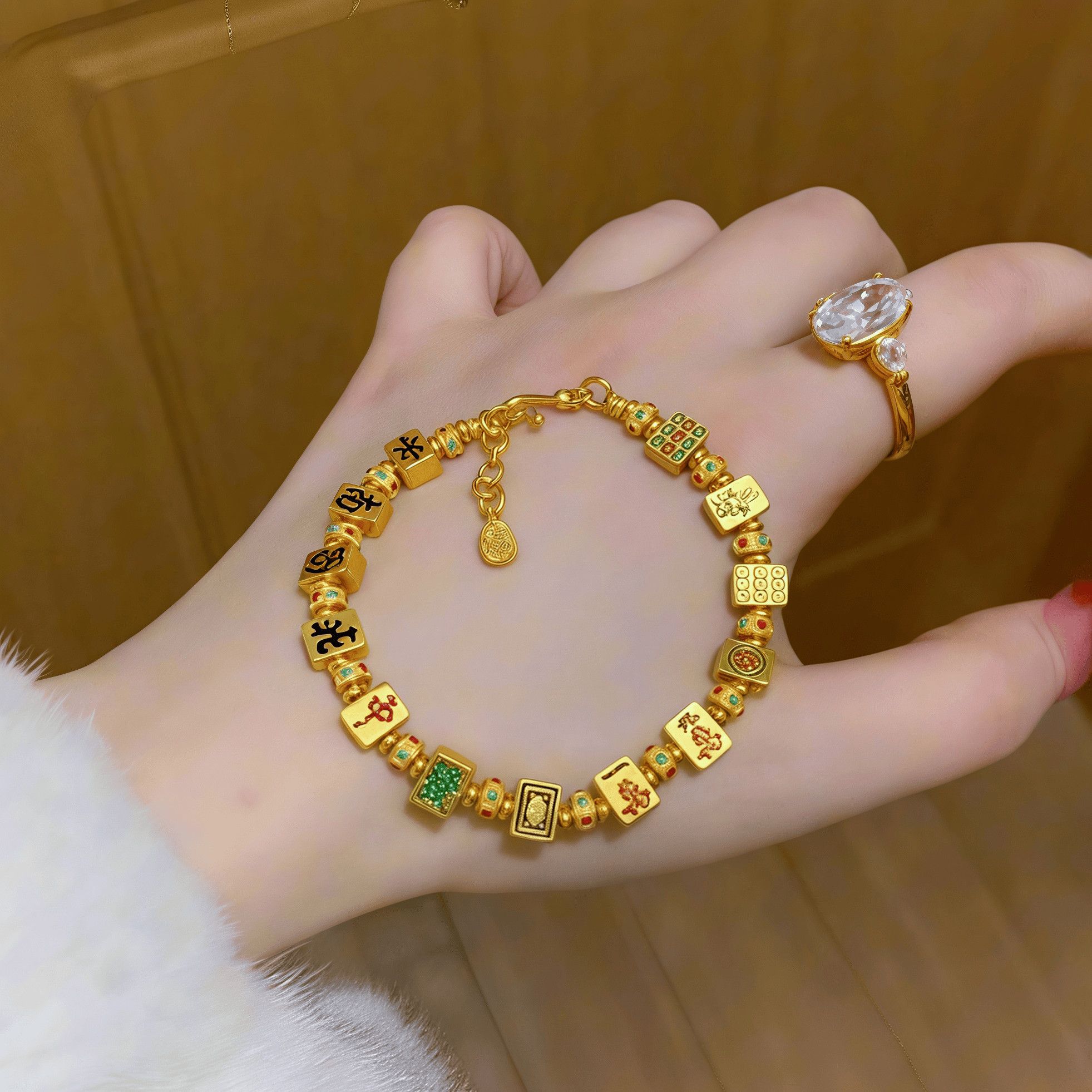 黄金色十三幺麻将手链女轻奢小众高级时尚潮流百搭个性手串手饰