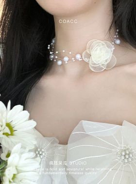 白色网纱玫瑰花珍珠项链超仙气质轻奢婚礼礼服颈链