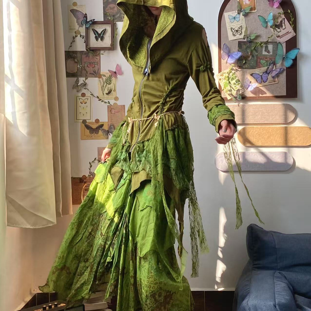 ［山间女巫］绿色蕾丝上衣蕾丝重工半裙全新套装