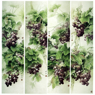 高清工笔画葡萄四条屏白描底稿国画花鸟临摹练习样稿实物打印底稿