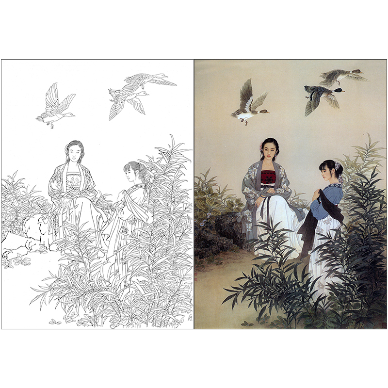 TP343王美芳工笔画人物白描底稿国画仕女装饰画临摹线描打印稿图片