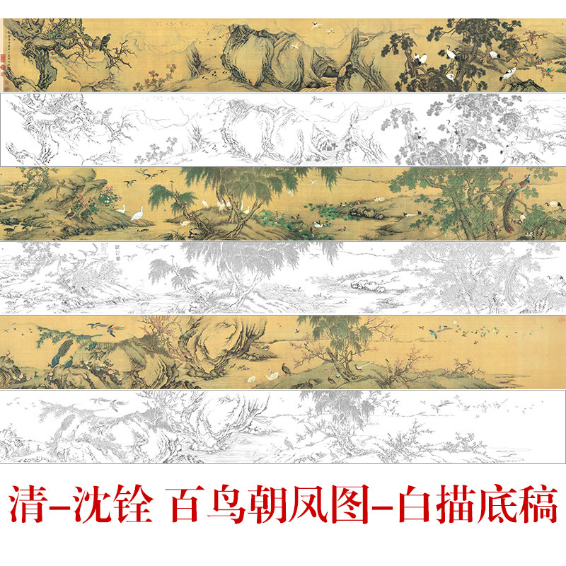 cq20工笔画白描打印底稿古画长卷清沈铨-百鸟朝凤图临摹练习线描