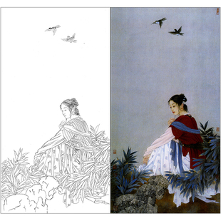 TP377王美芳工笔仕女图白描底稿国画临摹线描画稿勾线实物打印稿