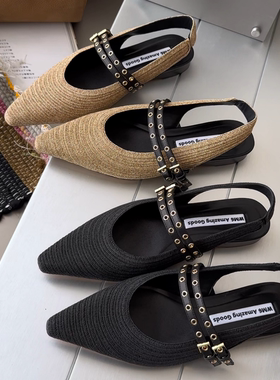 WM6法式风尖头凉鞋女欧货欧洲站平底一字带扣铆钉2026春新款单鞋