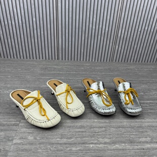 欧货欧洲站真皮蝴蝶结包头拖鞋女2026春季新款细跟一脚蹬外穿半拖