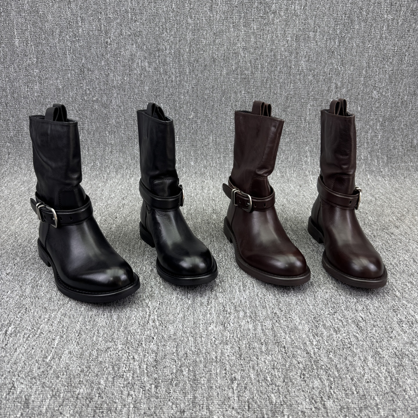 平底圆头套筒骑士靴皮带扣短靴