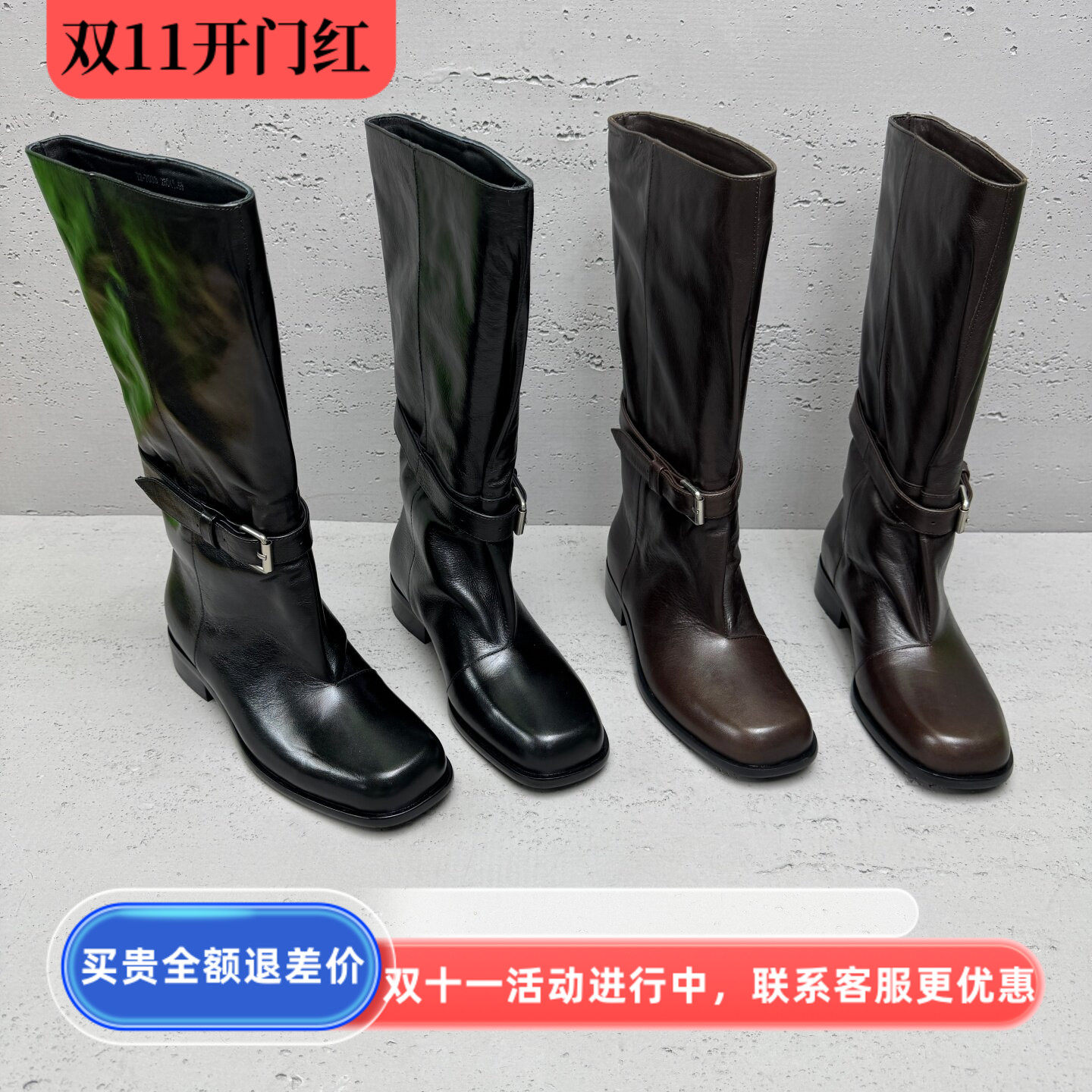 秋新英伦真皮皮带扣显瘦高筒女靴