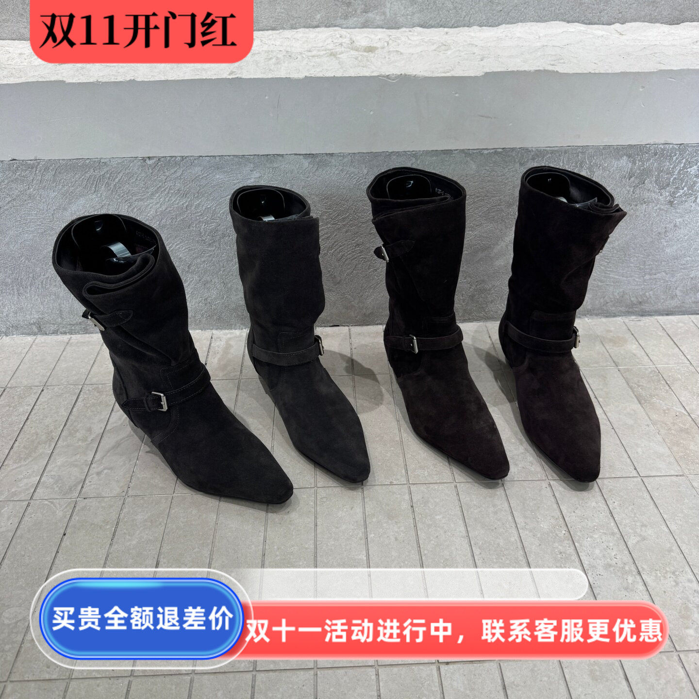 真皮磨砂皮带扣机车中筒女靴