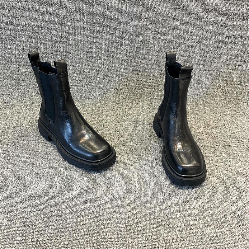 欧洲站真皮中跟松糕鞋套筒女靴