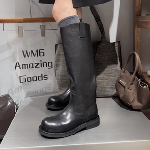 WM6欧洲站欧货真皮女靴2025秋季新款平跟圆头马丁靴骑士靴长靴潮