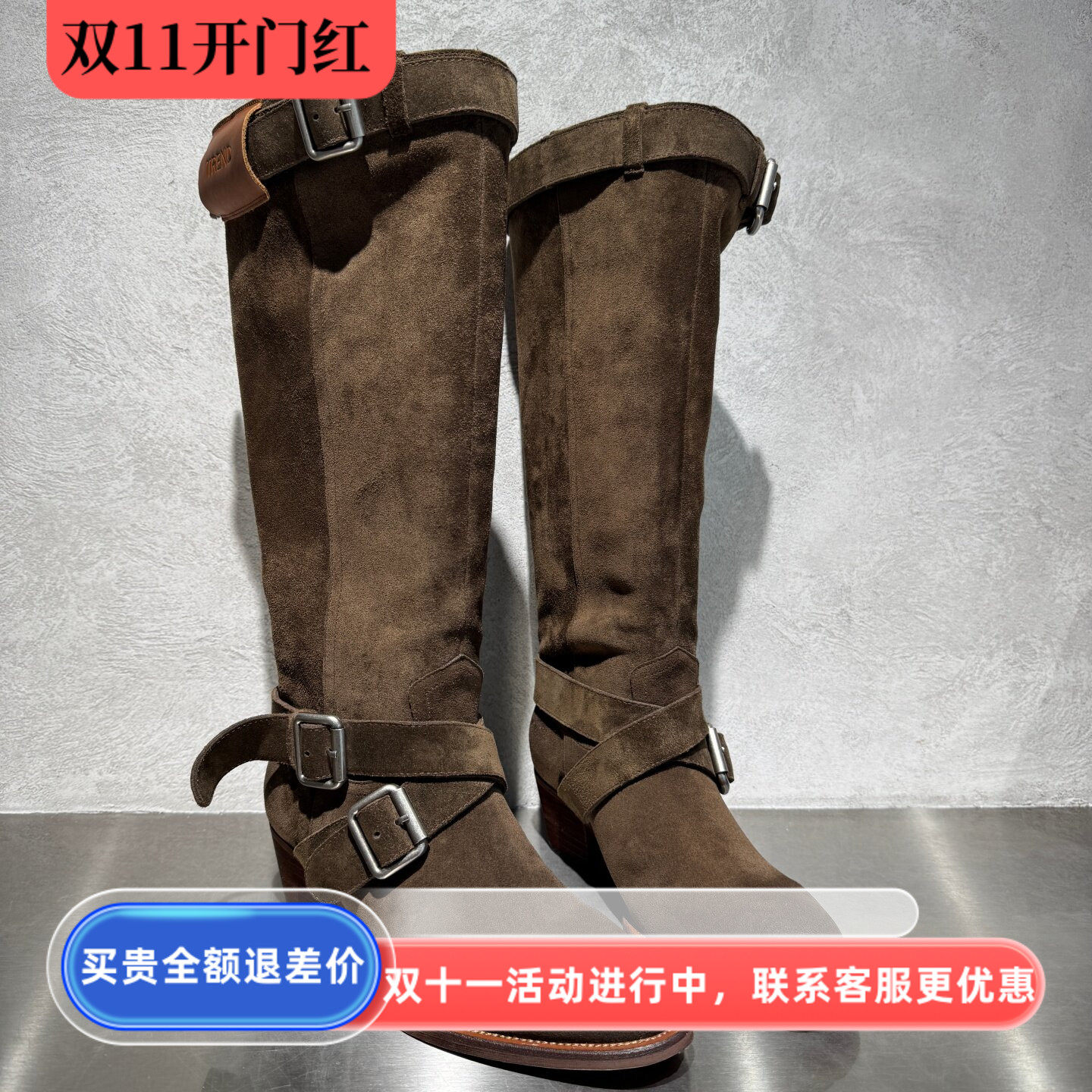 欧洲站真皮高筒粗跟皮带扣女靴