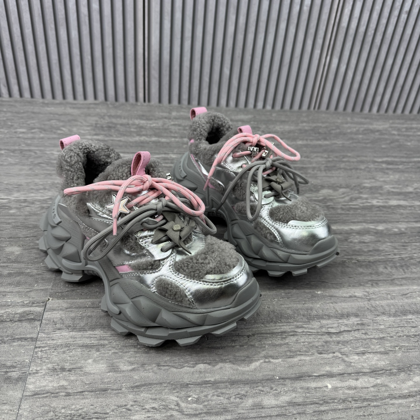 中跟厚底松糕鞋加绒系带老爹鞋潮