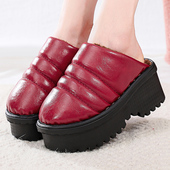 棉拖鞋 女高跟厚底坡跟防滑加厚保暖室内拖鞋 防水台 手工棉拖鞋 冬季