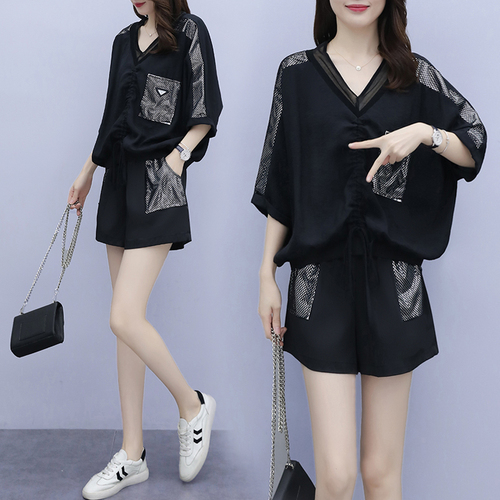 Real shooting large size 2022 summer European station slightly fat mm THIN suit new summer fashionable top and shorts two-piece set