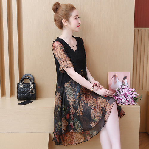 Real shooting large 2022 summer dress fat mm leopard print dress small man covered belly reduced age loose thin Chiffon Skirt