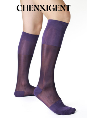 尘禧绅士正装紫色素面及膝高筒欧美纯色透气筒锦纶西装高筒丝袜
