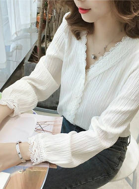 雪纺衬衫长袖女2025春夏v领宽松外穿内搭白色打底衫百搭短款上衣