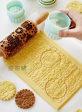 TITIBEAR原创圣诞节可爱卡通小熊雪人花环饼干印花擀面杖饼干模具
