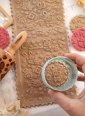 TITIBEAR原创卡通兔子饼干印花擀面杖新年祝福发财烘焙模具压花棍