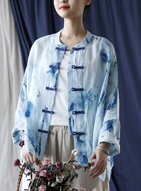 扎染苎麻衬衫女民族风盘扣复古宽松开衫外套中式茶服上衣防晒服夏