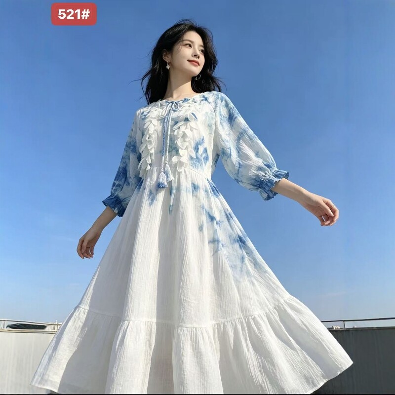 云南古法手工扎染连衣裙女装新款蓝染海边度假风旅游穿搭短袖长裙