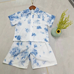 原创手工扎染男童纯棉套装 纯植物板蓝根染云南民族风表演旅拍衣服