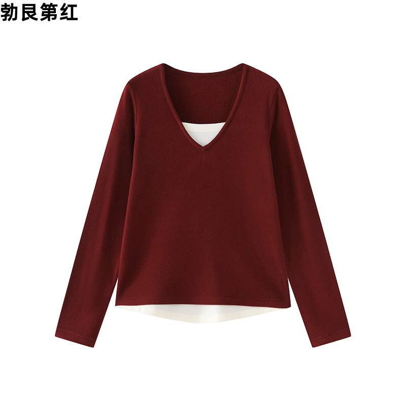 针织衫女2025春秋季新款大码假两件V领长袖胖M宽松遮肚内搭打底衫